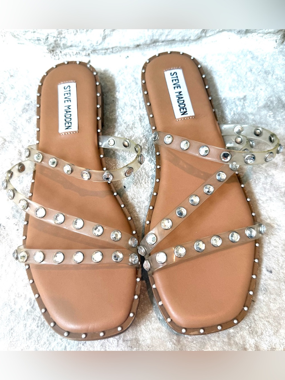 Brand New Steve Madden Tan Sandals with Clear Crystal-Strap Accents